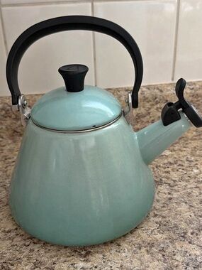 Le Creuset Light Aqua Enamel Whistling Stovetop Kettle with Black Handle